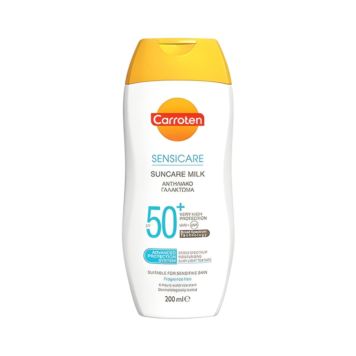 Refect Beauty Carroten Sensicare Suncare Milk SPF 50+ for sensitive skin in a white bottle with a yellow cap.