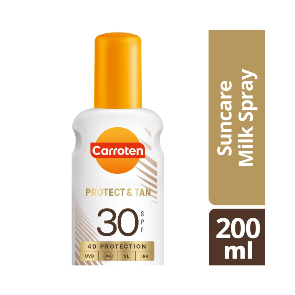 Refect Beauty Carroten Protect & Tan 4D Milk Spray SPF 30 in a white bottle with orange cap for sun protection