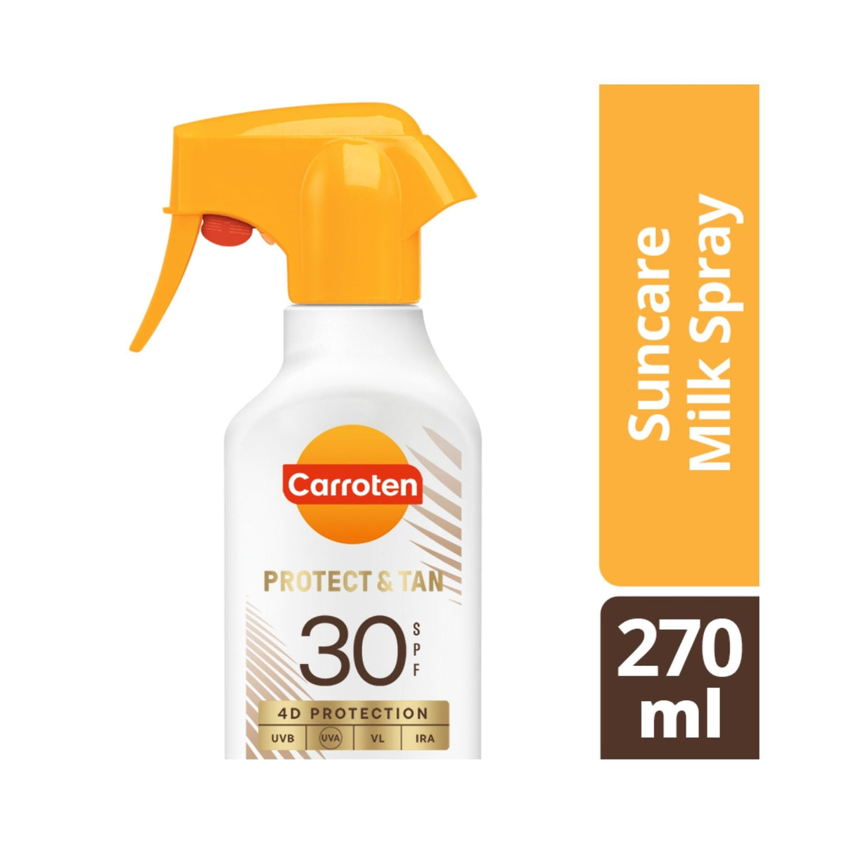 Refect Beauty Carroten Protect & Tan SPF 30 milk spray bottle with yellow trigger nozzle for sun protection.