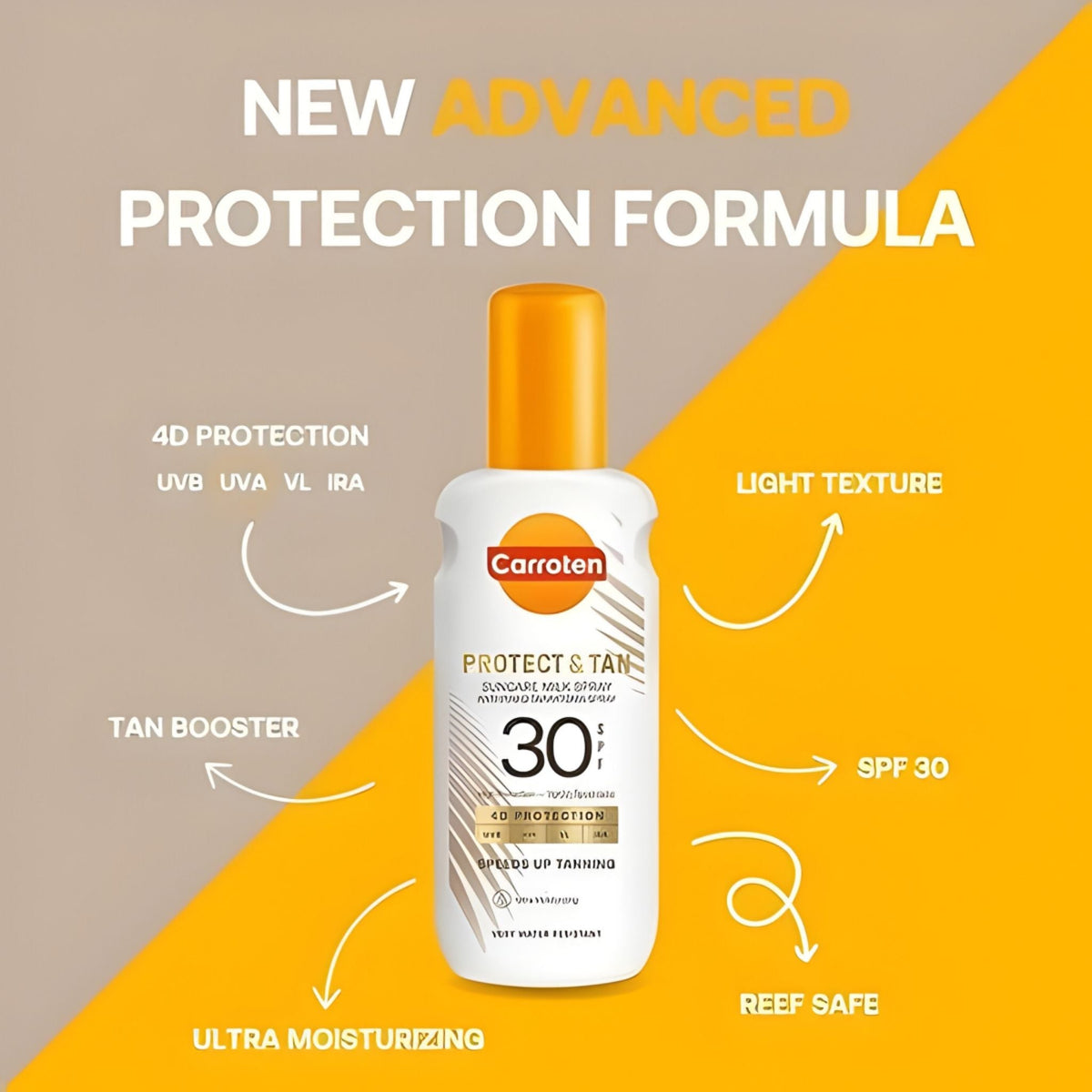 Refect Beauty Carroten Protect & Tan SPF 30 milk spray bottle with 4D sun protection and tanning booster features.