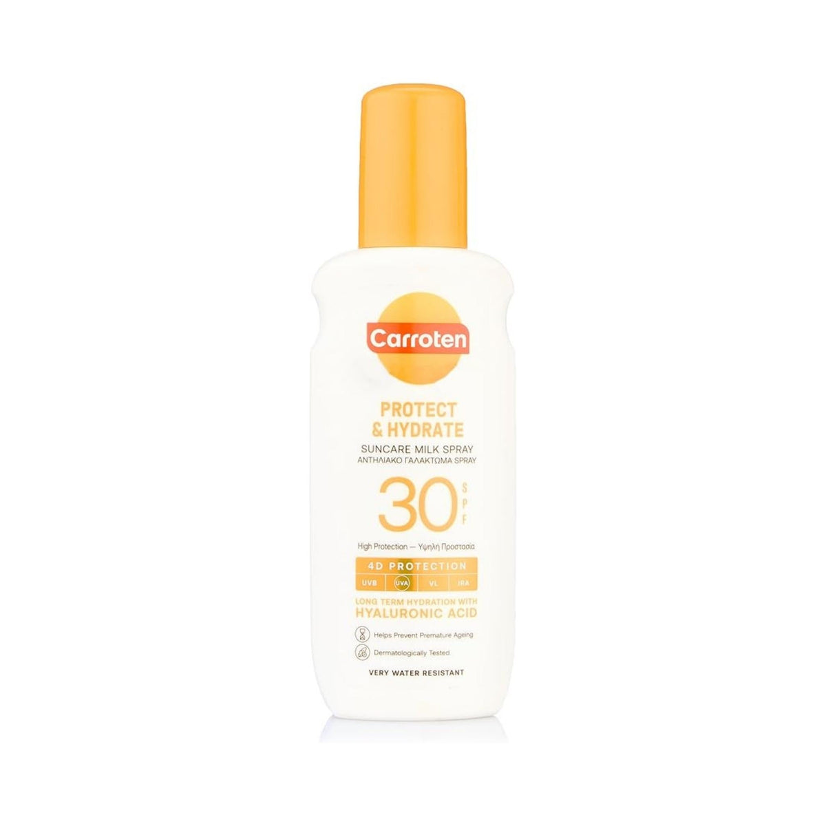 Refect Beauty Carroten Protect & Hydra SPF 30 body milk spray bottle with yellow cap for sun protection and hydration.