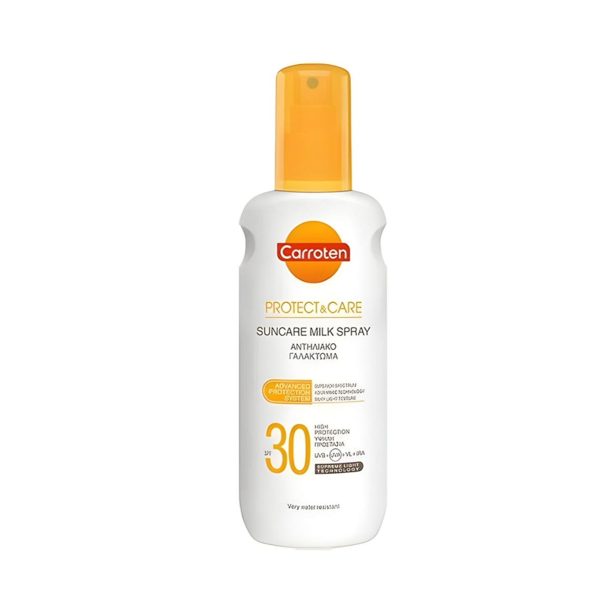 Refect Beauty Carroten Protect & Care SPF 30 body sunscreen milk spray in a white bottle with a yellow cap.