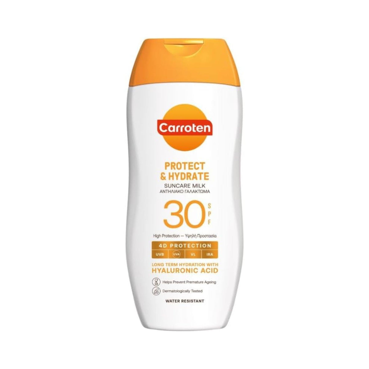 Refect Beauty Carroten Protect & Hydrate 4D Milk SPF 30 sun protection lotion for face and body in a white bottle.