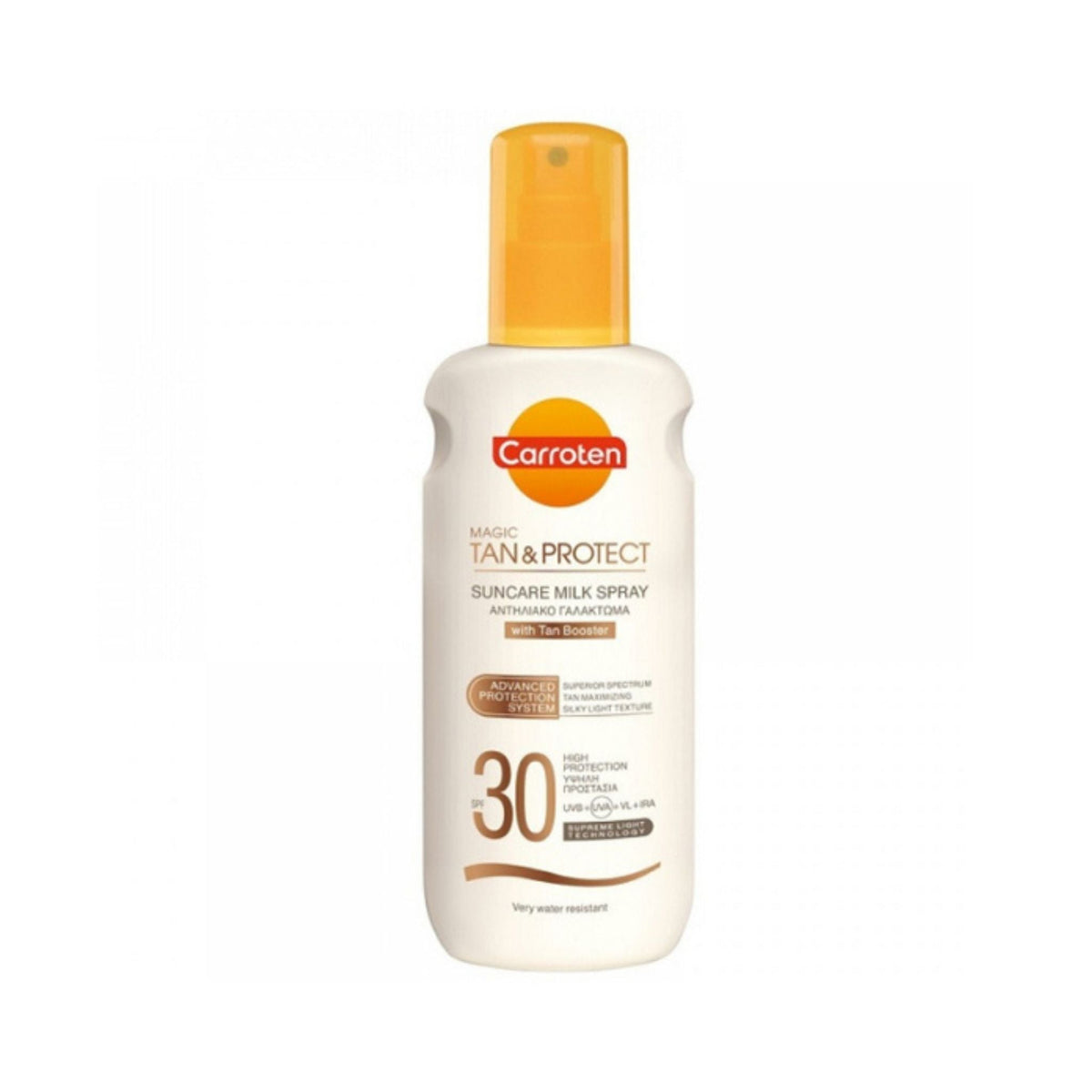 Refect Beauty Carroten Magic Tan & Protect SPF30 suncare milk spray bottle with yellow cap and white packaging.