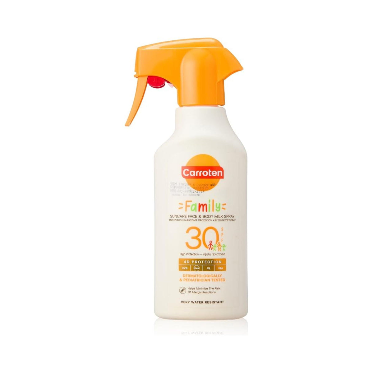 Refect Beauty Carroten Family SPF 30 face and body suncare milk spray in a white bottle with an orange trigger sprayer