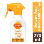 Refect Beauty Carroten Family Suncare Milk Spray SPF 50 in a 270ml white bottle with a yellow trigger sprayer.