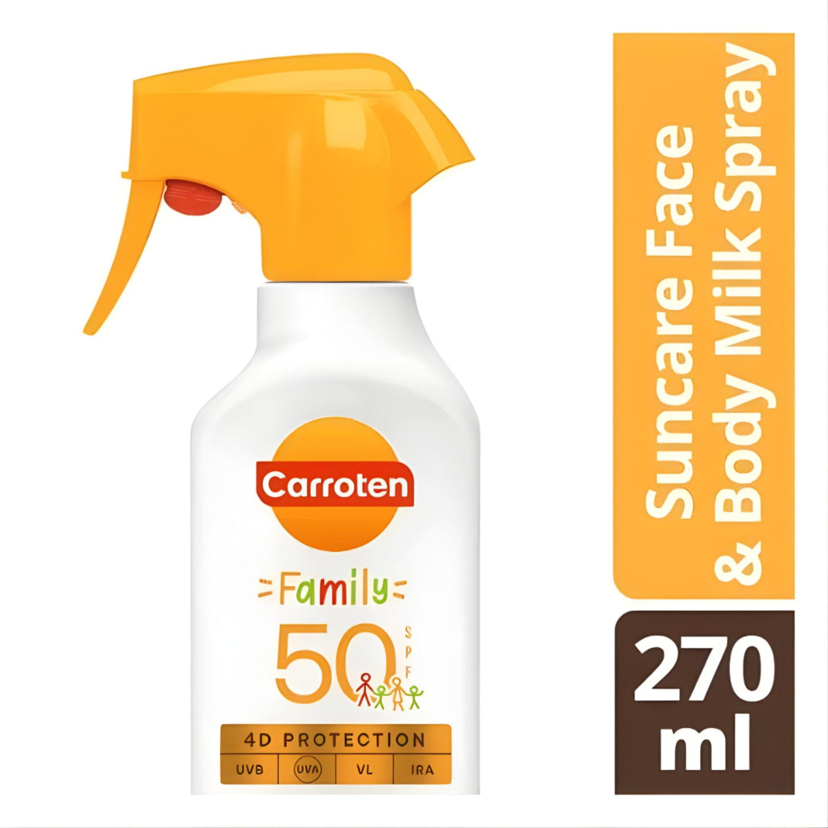 Refect Beauty Carroten Family Suncare Milk Spray SPF 50 in a 270ml white bottle with a yellow trigger sprayer.