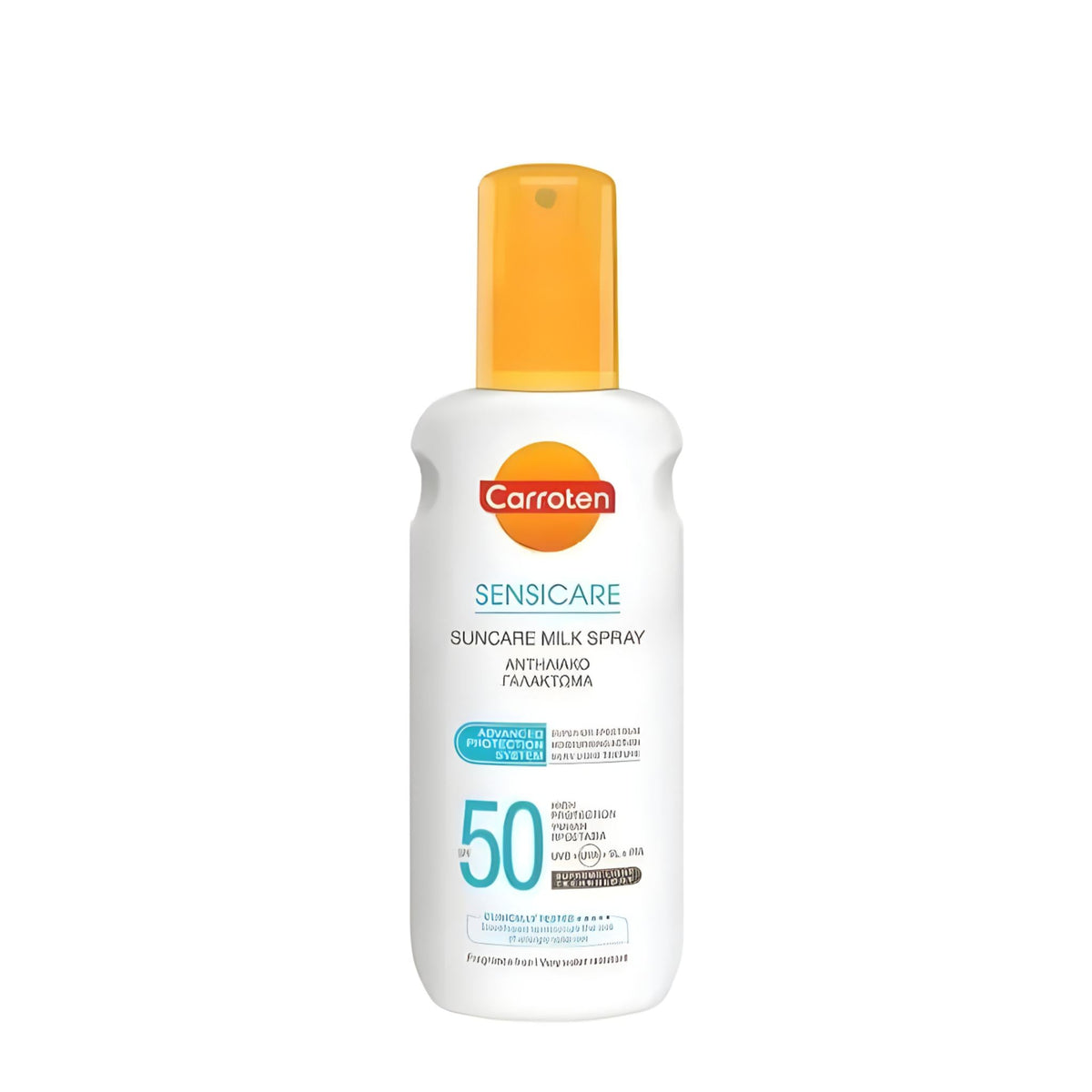 Refect Beauty Carroten Suncare Milk Spray SPF 50 in a white bottle with a yellow cap for broad-spectrum sun protection.