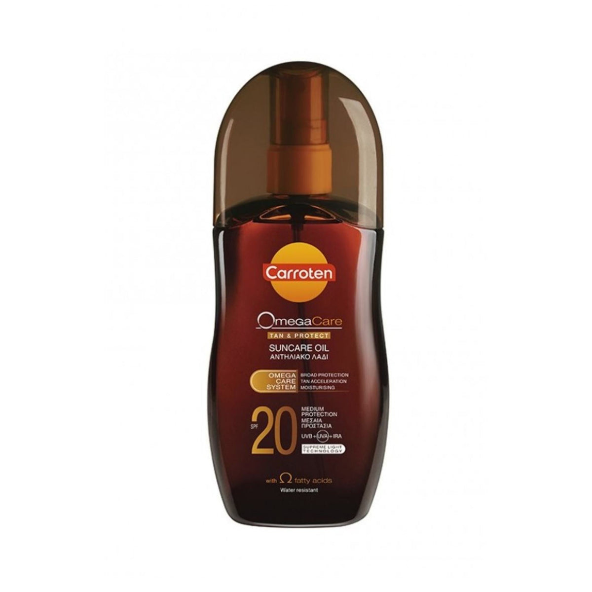 Refect Beauty Carroten Suncare Omega Care Oil SPF 20 in a brown spray bottle for tanning and sun protection.