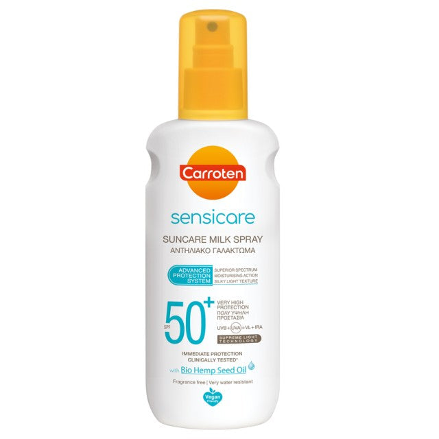 Refect Beauty Carroten Suncare Sensicare Milk Spray SPF 50+ in a white bottle with a yellow spray cap
