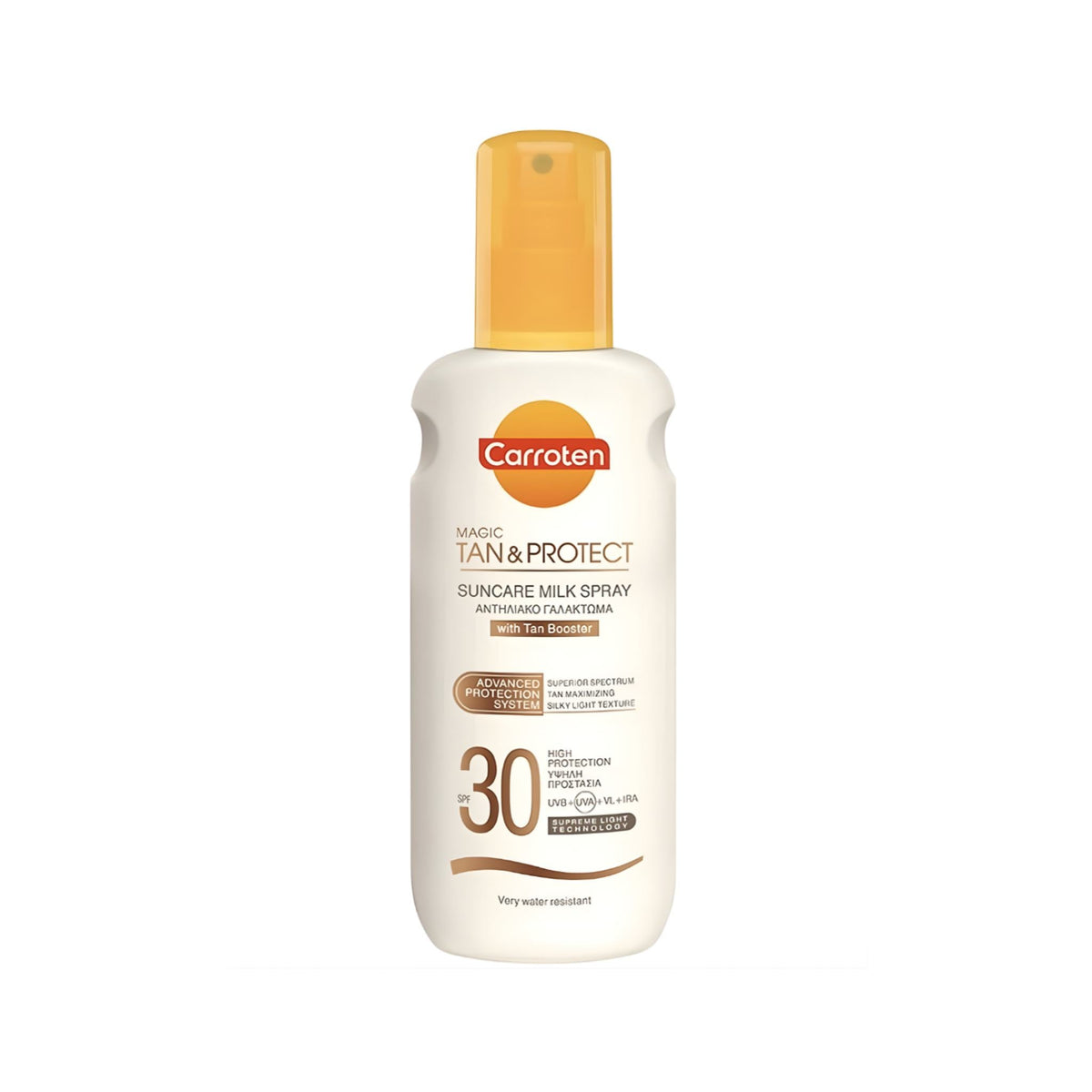 Refect Beauty Carroten Suncare Tan & Protect Milk Spray SPF 30 in a white bottle with a yellow cap
