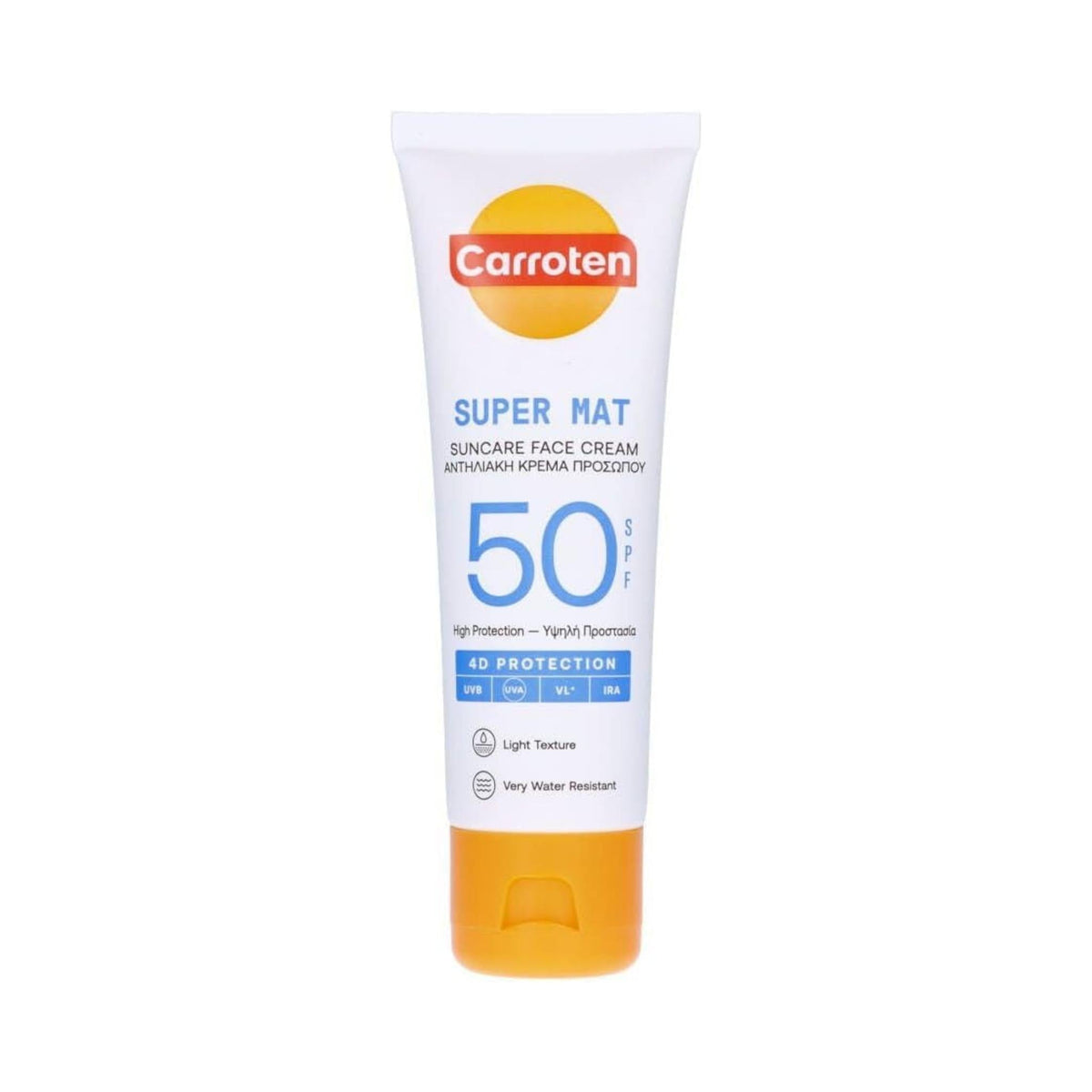 Refect Beauty Carroten Super Mat SPF 50 face sunscreen in a white and yellow squeeze tube for high UV protection