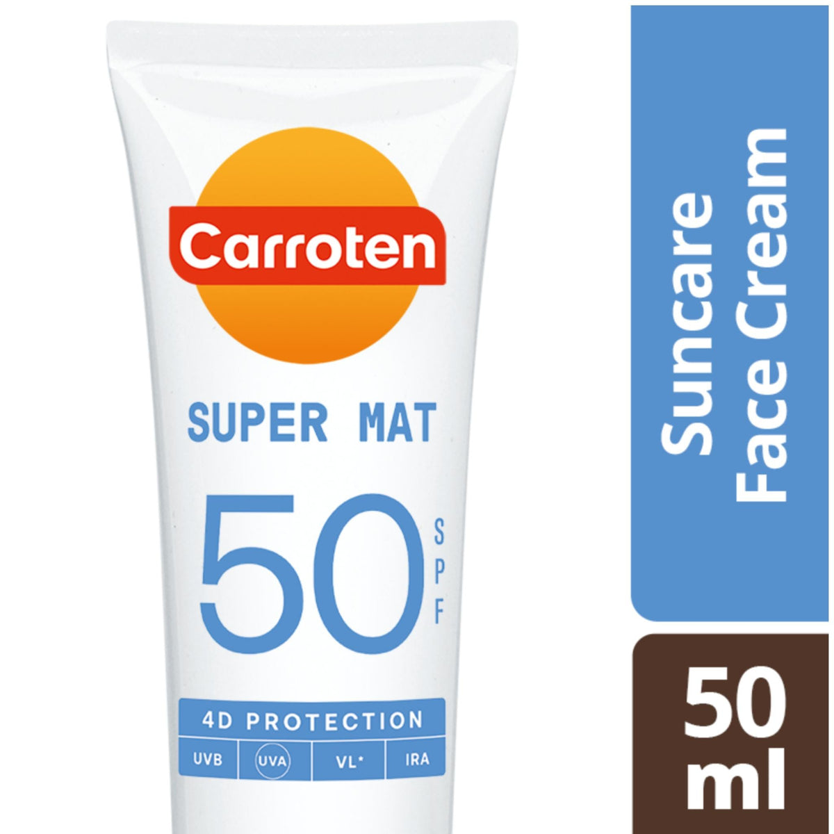Refect Beauty Carroten Super Mat SPF 50 face cream in a white 50ml tube with orange logo and blue text