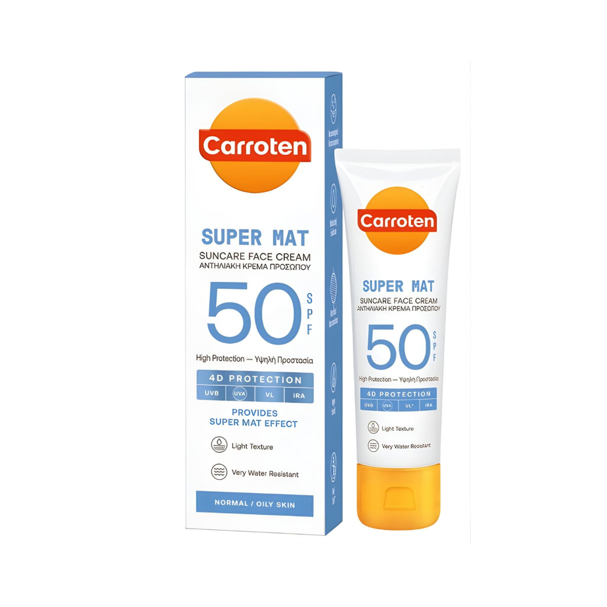 Refect Beauty Carroten Super Mat SPF 50 face cream tube and box with 4D protection for normal to oily skin