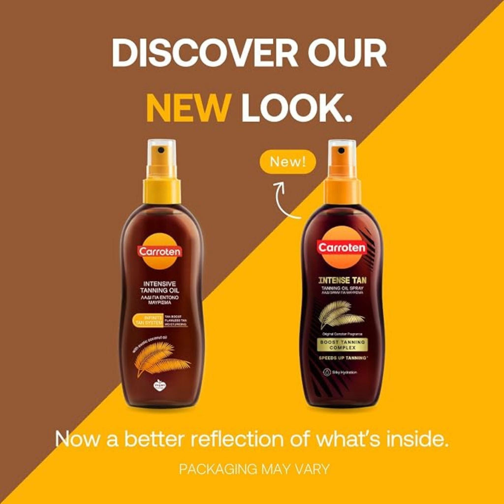 Refect Beauty Carroten Intensive Tanning Oil spray bottles showing old and new packaging designs for golden tan