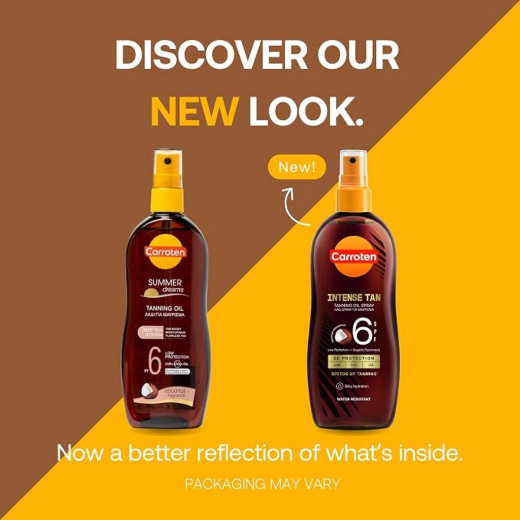 Refect Beauty Carroten tanning oil spray bottles showing old and new packaging designs for SPF 6 coconut tanning oil.