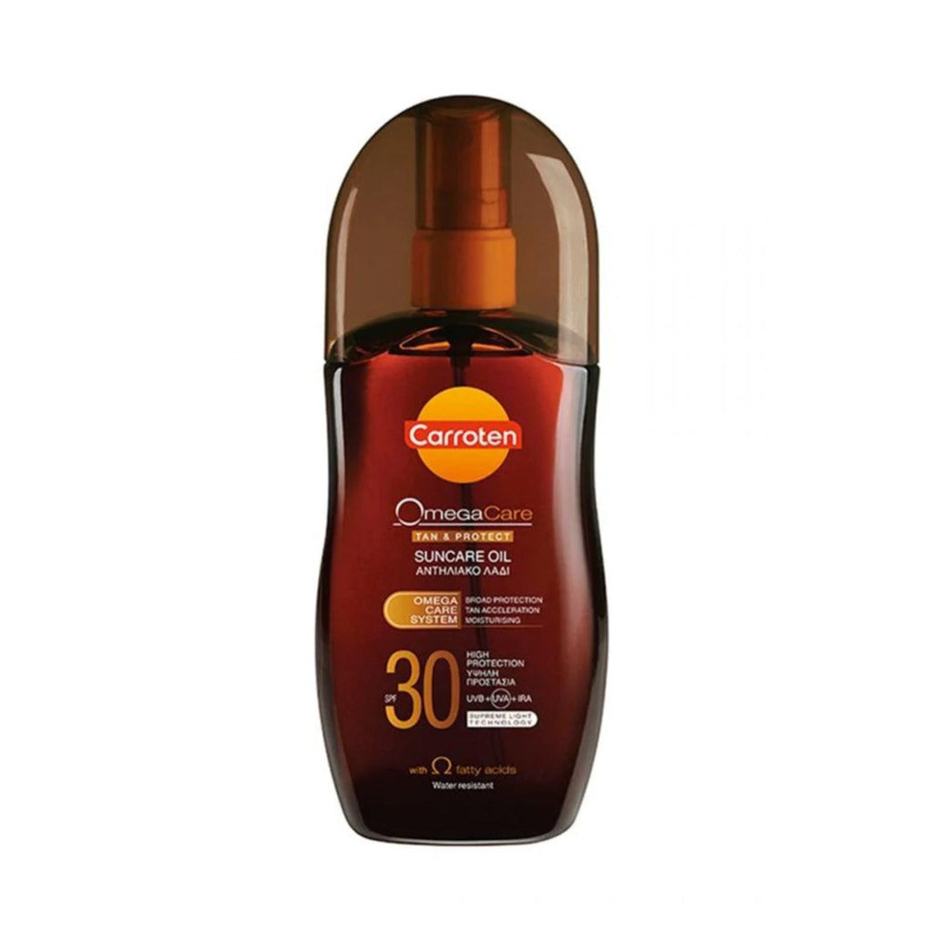 Refect Beauty Carroten Omega Care SPF 30 tanning oil spray in a brown bottle for radiant sun protection.
