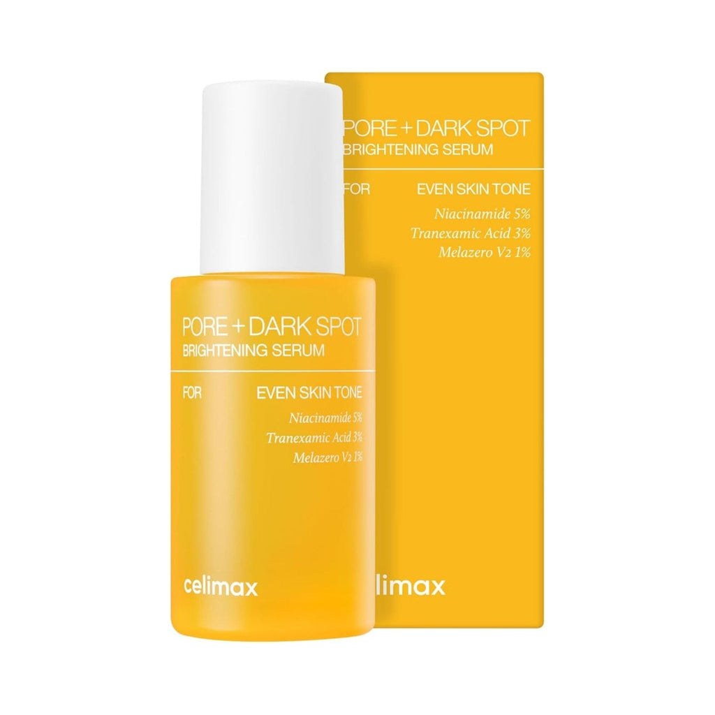 Refect Beauty Celimax Pore + Dark Spot Brightening Serum in a yellow bottle and matching box for even skin tone.