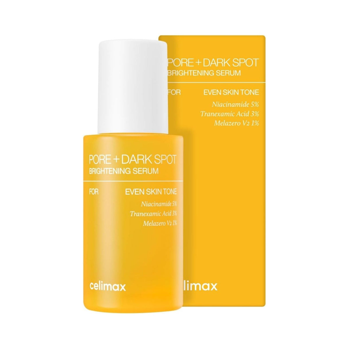 Refect Beauty Celimax Pore + Dark Spot Brightening Serum in a yellow bottle and matching box for even skin tone.