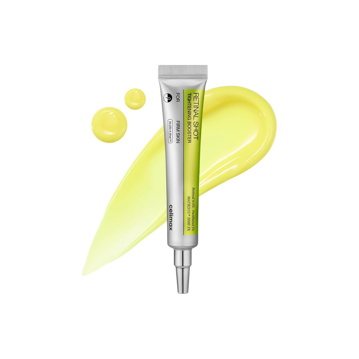 Refect Beauty Celimax The Vita A Retinal Shot Tightening Booster tube with yellow cream texture swatch