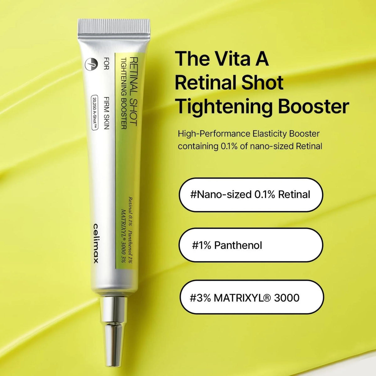 Refect Beauty Celimax The Vita A Retinal Shot Tightening Booster tube on a bright yellow background