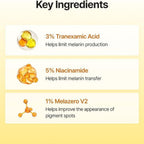 Refect Beauty Celimax brightening serum key ingredients list featuring Tranexamic Acid, Niacinamide, and Melazero V2.
