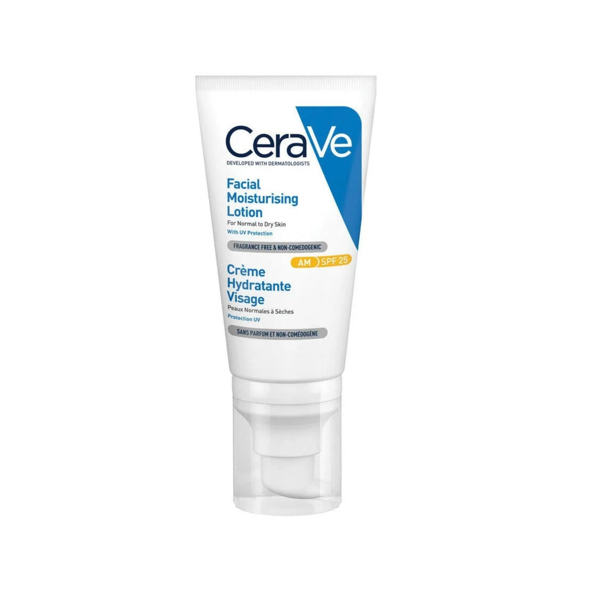 Refect Beauty CeraVe AM Facial Moisturizing Lotion with SPF 25 in a white pump tube for normal to dry skin