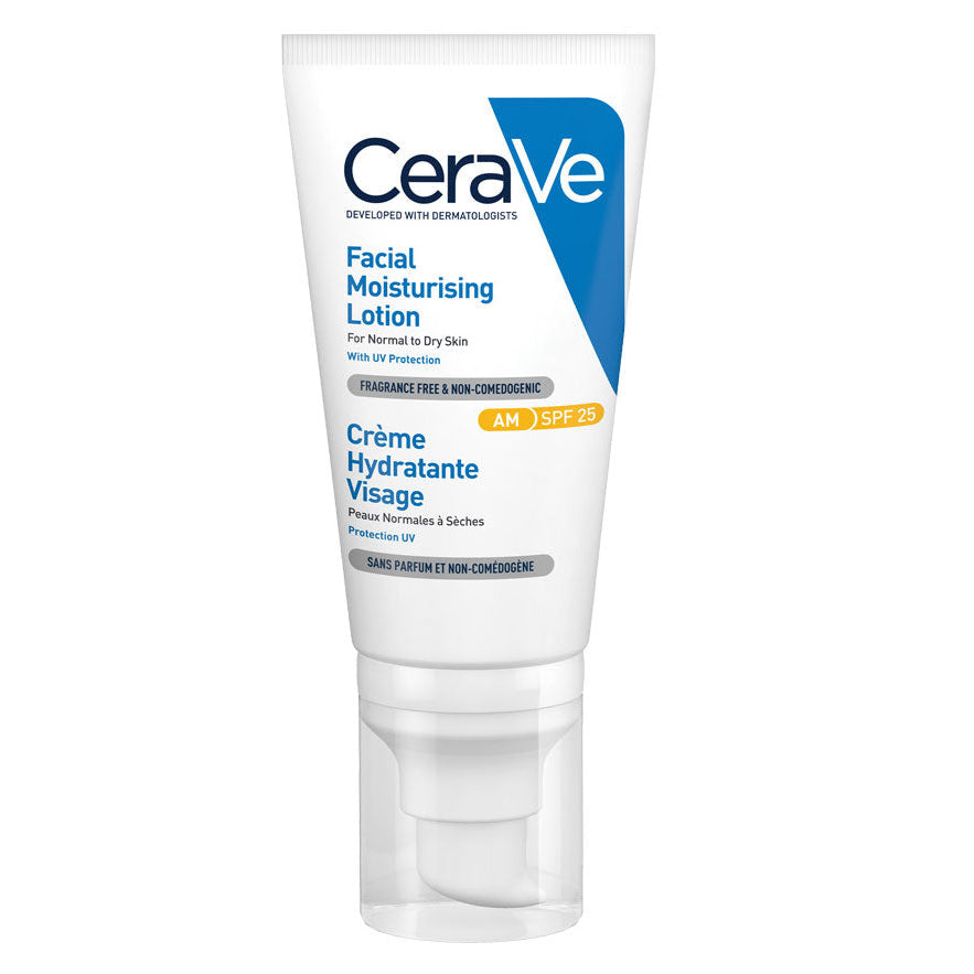 Refect Beauty CeraVe AM Facial Moisturizing Lotion with SPF 25 in a white squeeze tube for normal to dry skin.