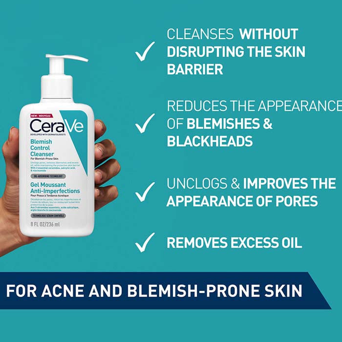 Refect Beauty Cerave Blemish Control Cleanser bottle held in hand against a teal background with product benefits