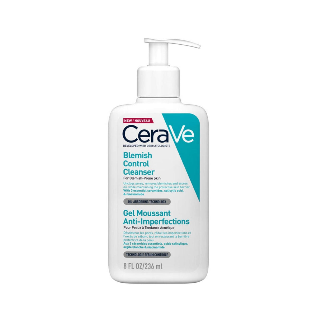 Refect Beauty Cerave Blemish Control Cleanser in a white pump bottle for blemish-prone skin with salicylic acid.