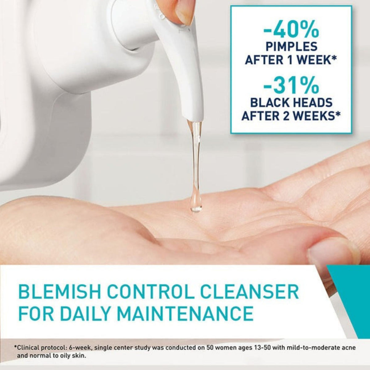 Refect Beauty Cerave Blemish Control Cleanser gel being dispensed from a pump bottle onto a hand
