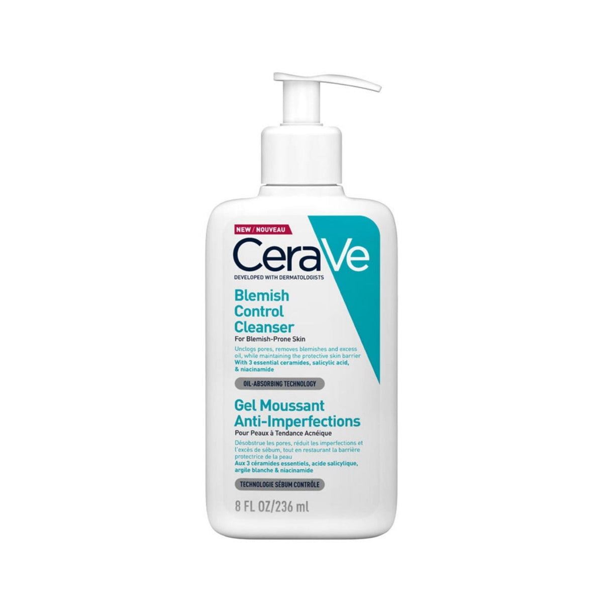 Refect Beauty CeraVe Blemish Control Cleanser in a white pump bottle for blemish-prone skin with salicylic acid