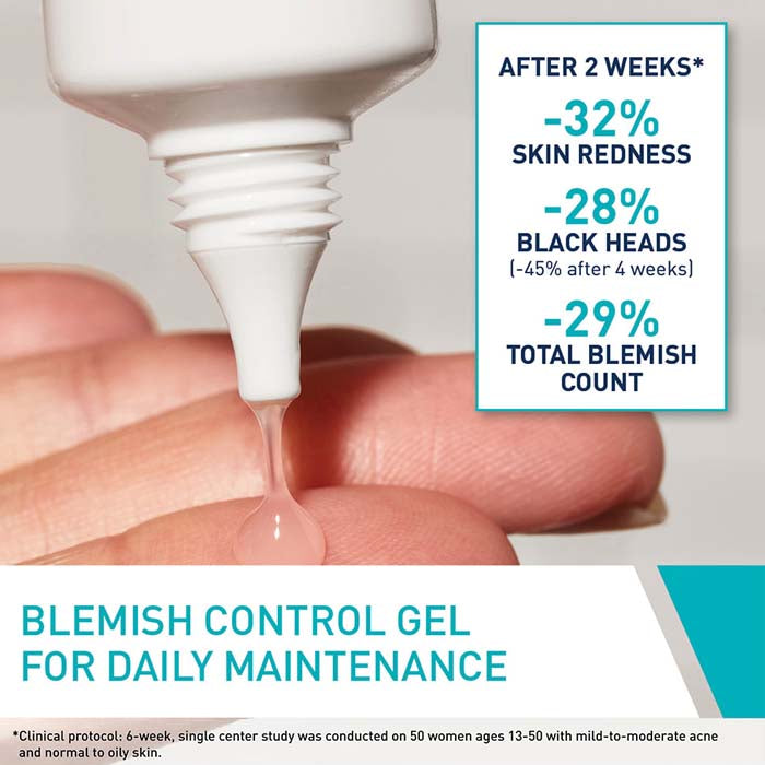 Refect Beauty CeraVe Blemish Control Gel being dispensed onto a finger, showing clinical results for skin improvement.