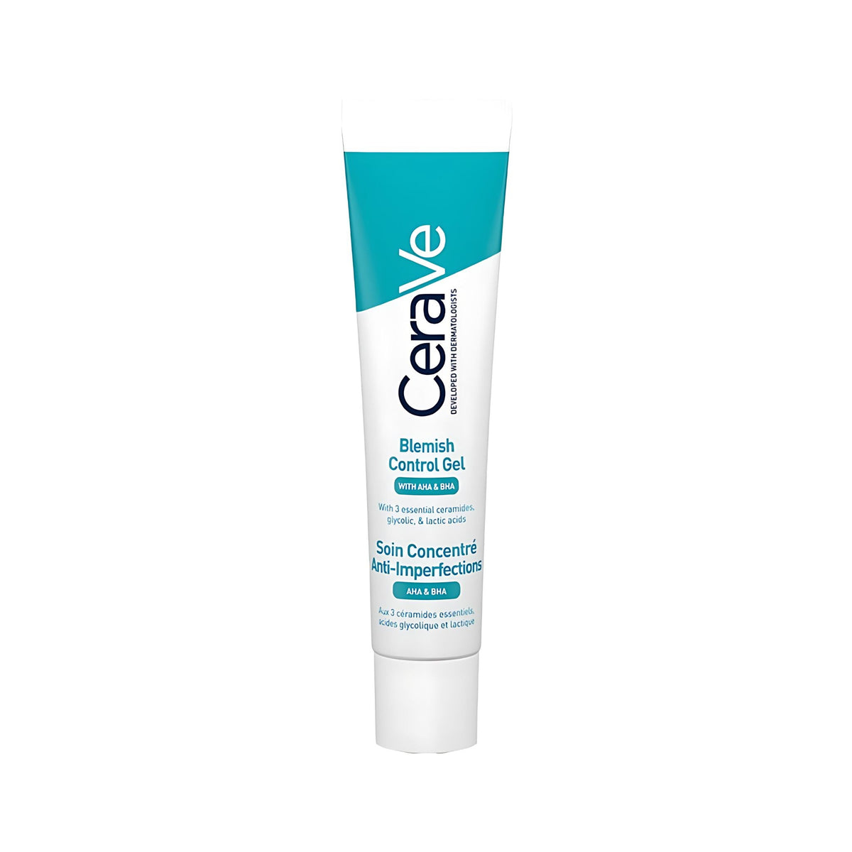 Refect Beauty CeraVe Blemish Control Gel tube for blemish-prone skin with AHA and BHA for clearer skin texture.