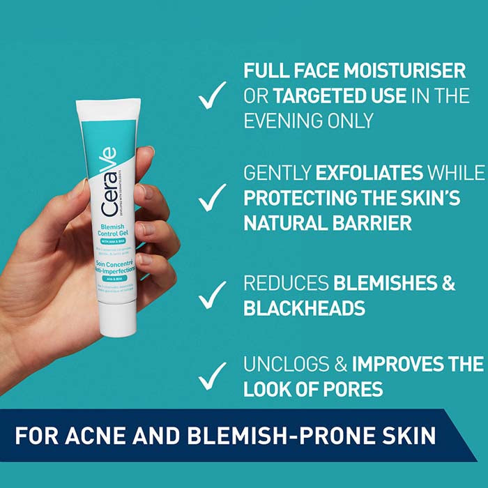 Refect Beauty CeraVe Blemish Control Gel tube held in hand with text listing skincare benefits for acne-prone skin