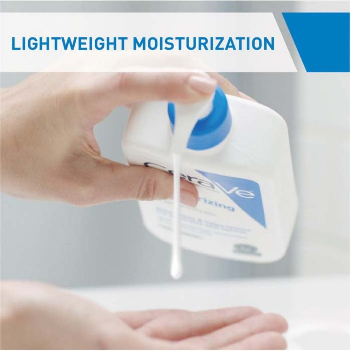 Refect Beauty CeraVe Daily Moisturizing Lotion being dispensed from a pump bottle into a hand for skincare application