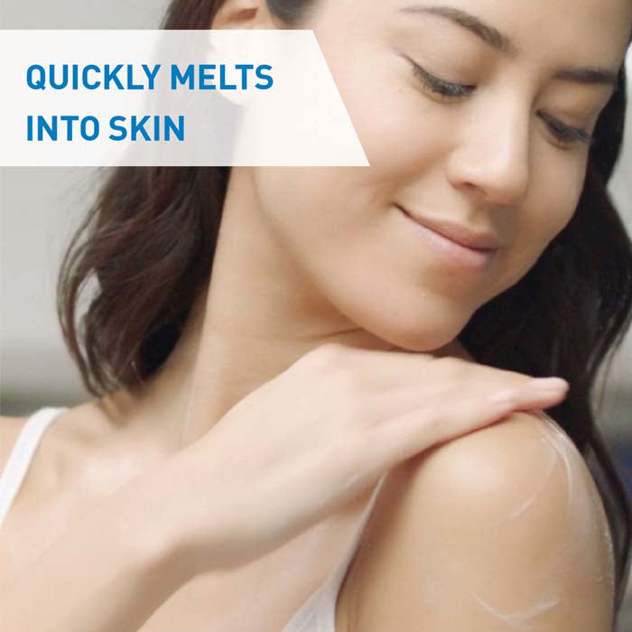 Refect Beauty CeraVe Daily Moisturizing Lotion applied to a woman's shoulder, showing its lightweight, non-greasy texture
