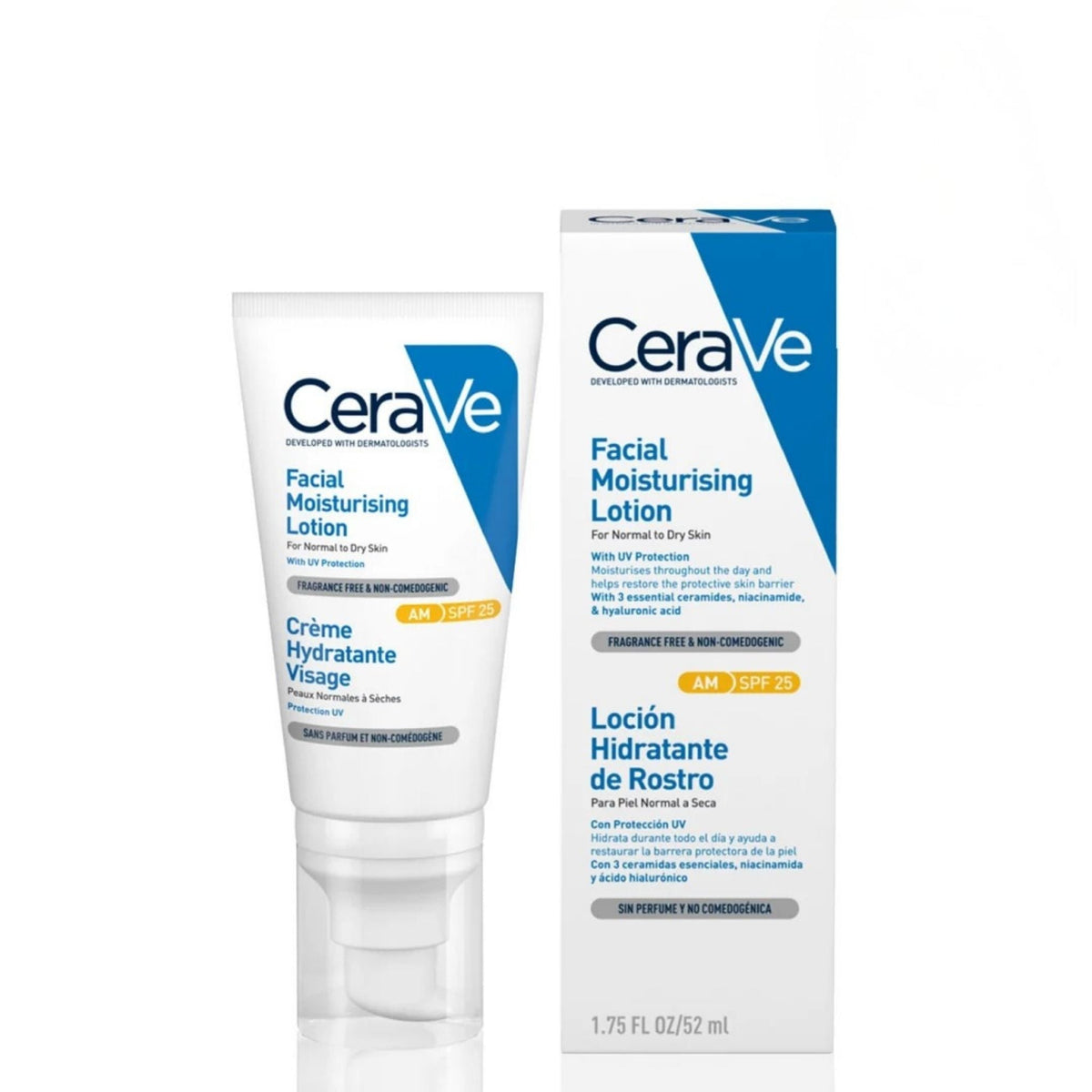 Refect Beauty CeraVe AM Facial Moisturising Lotion SPF 25 in a white tube and blue box for normal to dry skin.