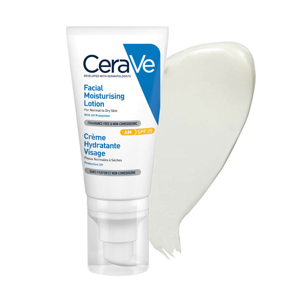 Refect Beauty CeraVe AM facial moisturizing lotion with SPF 25 in a white pump tube with a smear of white cream.