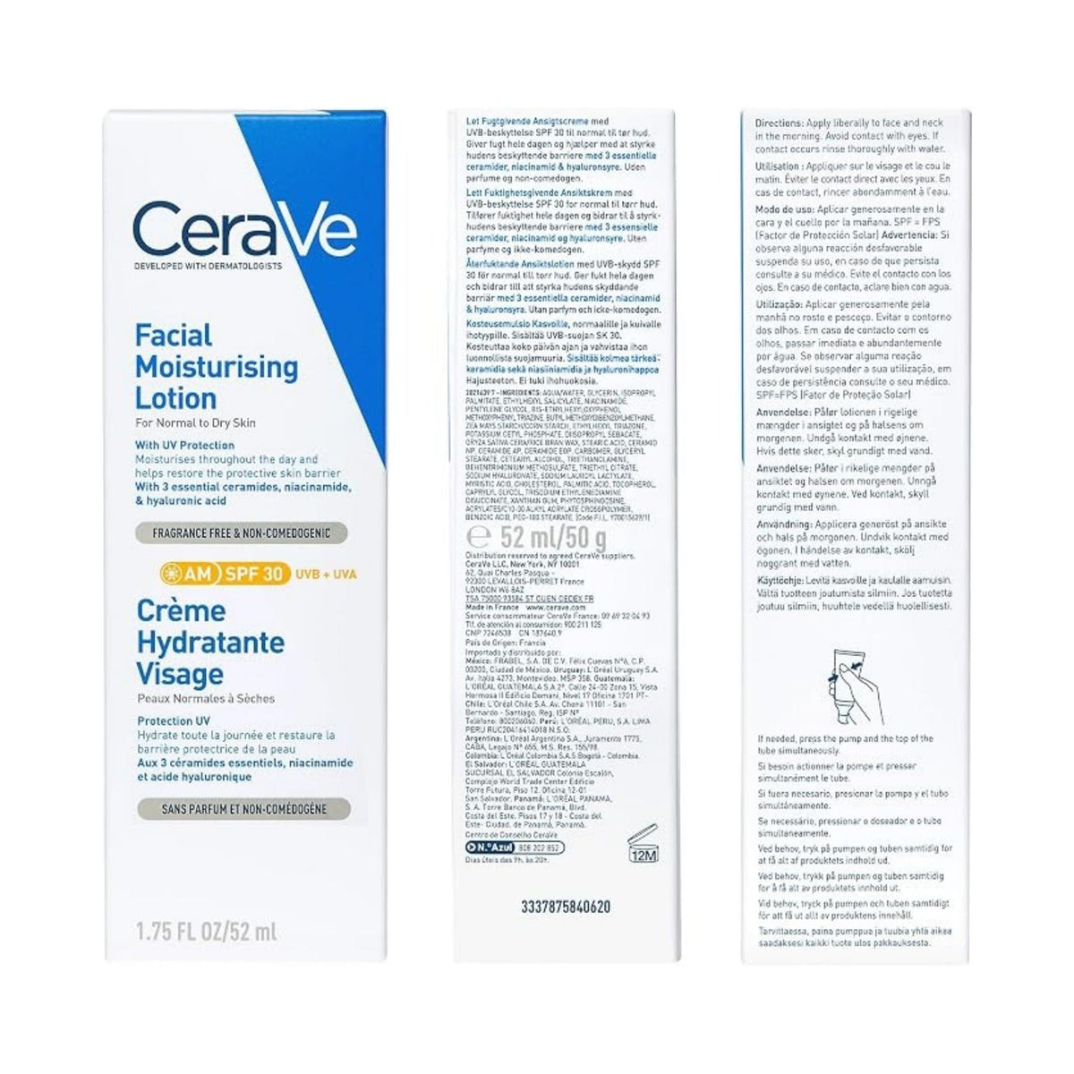 Refect Beauty CeraVe AM Facial Moisturizing Lotion with SPF 30 sunscreen in a white 52ml pump bottle and box.