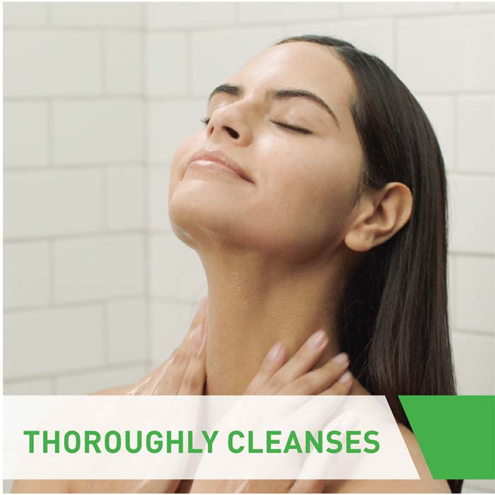Refect Beauty model washing face with CeraVe Hydrating Facial Cleanser in a tiled shower for normal to dry skin