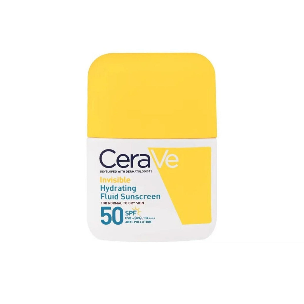 Refect Beauty CeraVe Invisible Hydrating Fluid Sunscreen SPF 50+ in a white bottle with a yellow cap