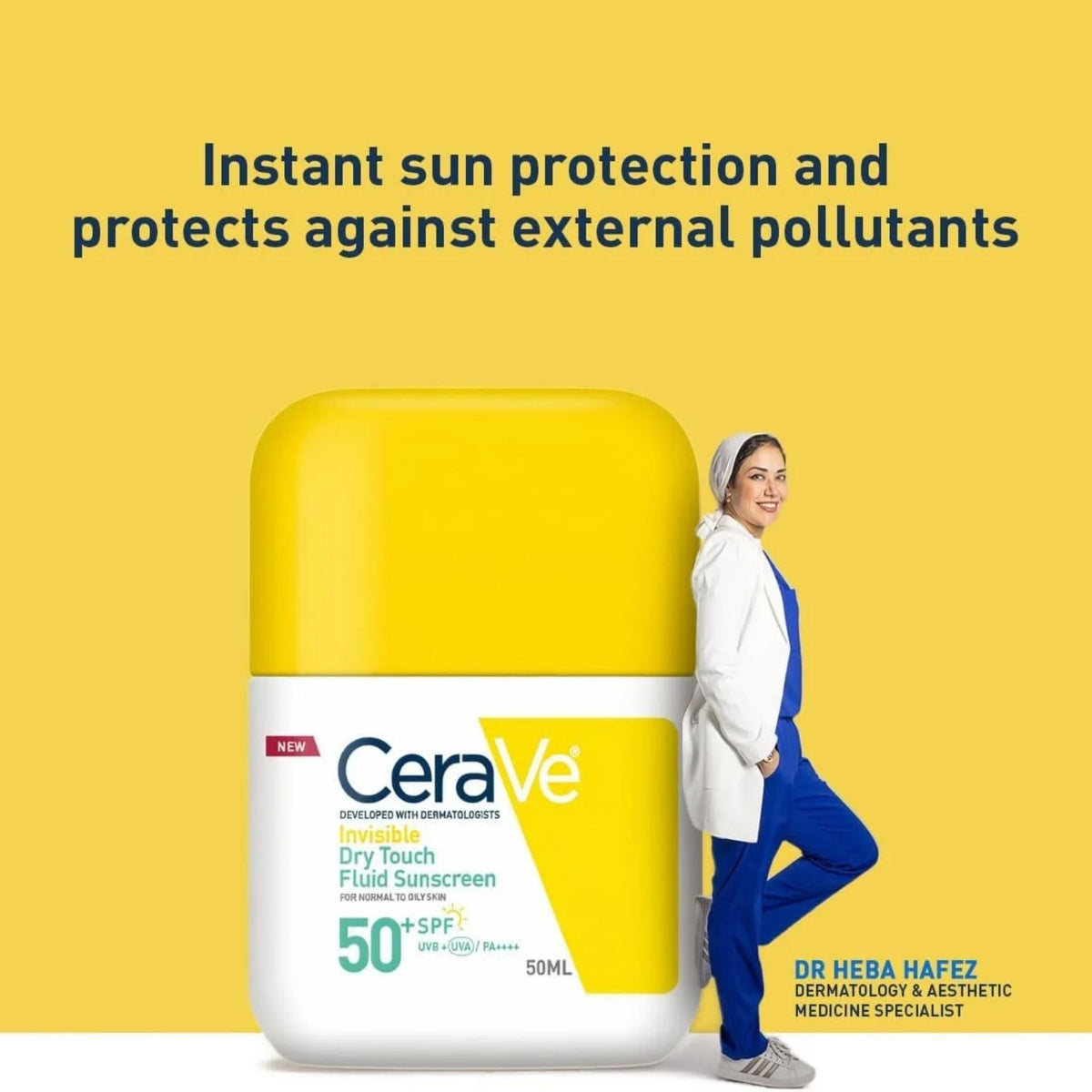 Refect Beauty CeraVe Invisible Dry Touch Fluid Sunscreen SPF 50+ bottle with a dermatologist on a yellow background
