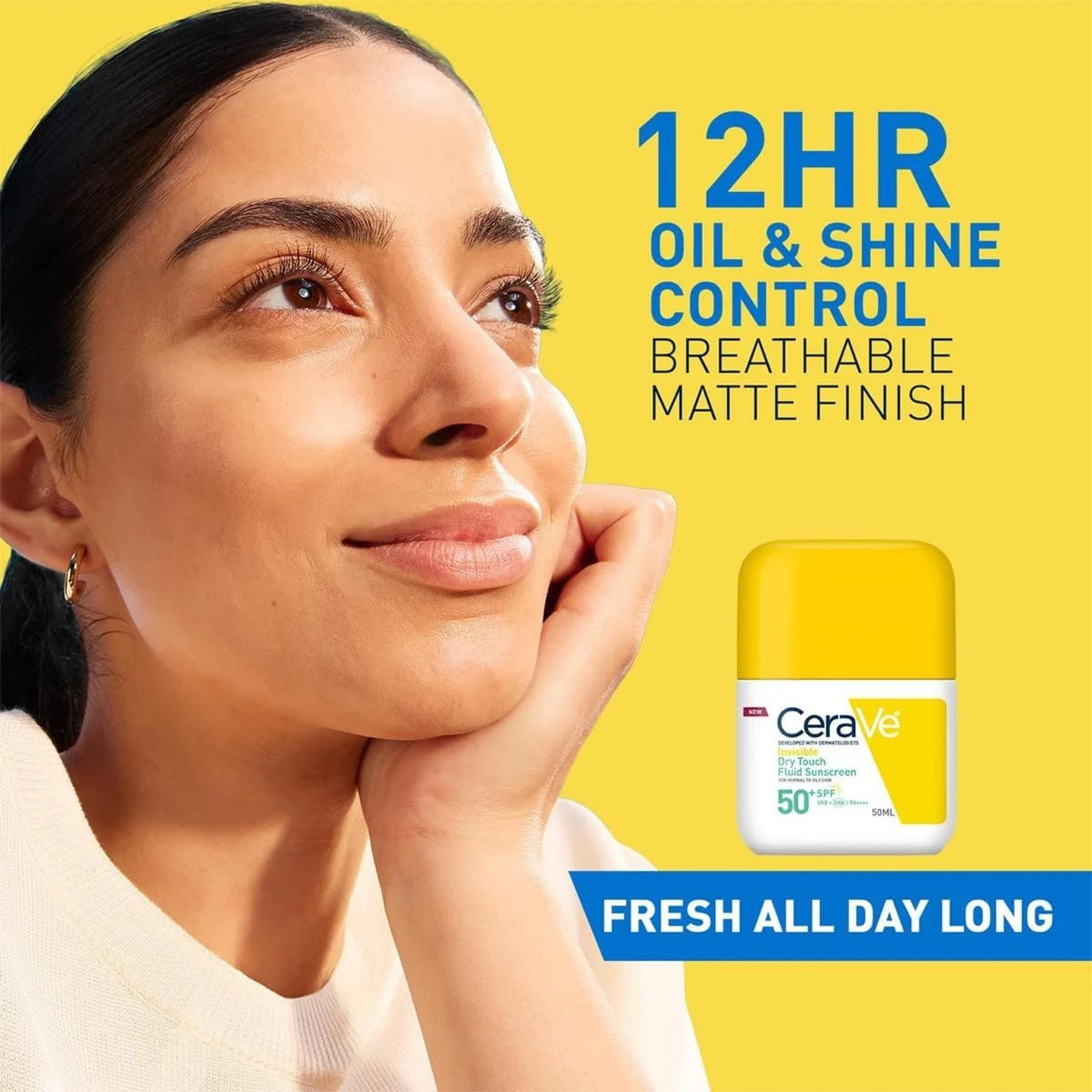 Refect Beauty CeraVe Invisible Dry Touch Fluid Sunscreen SPF 50+ bottle next to a woman with a matte complexion