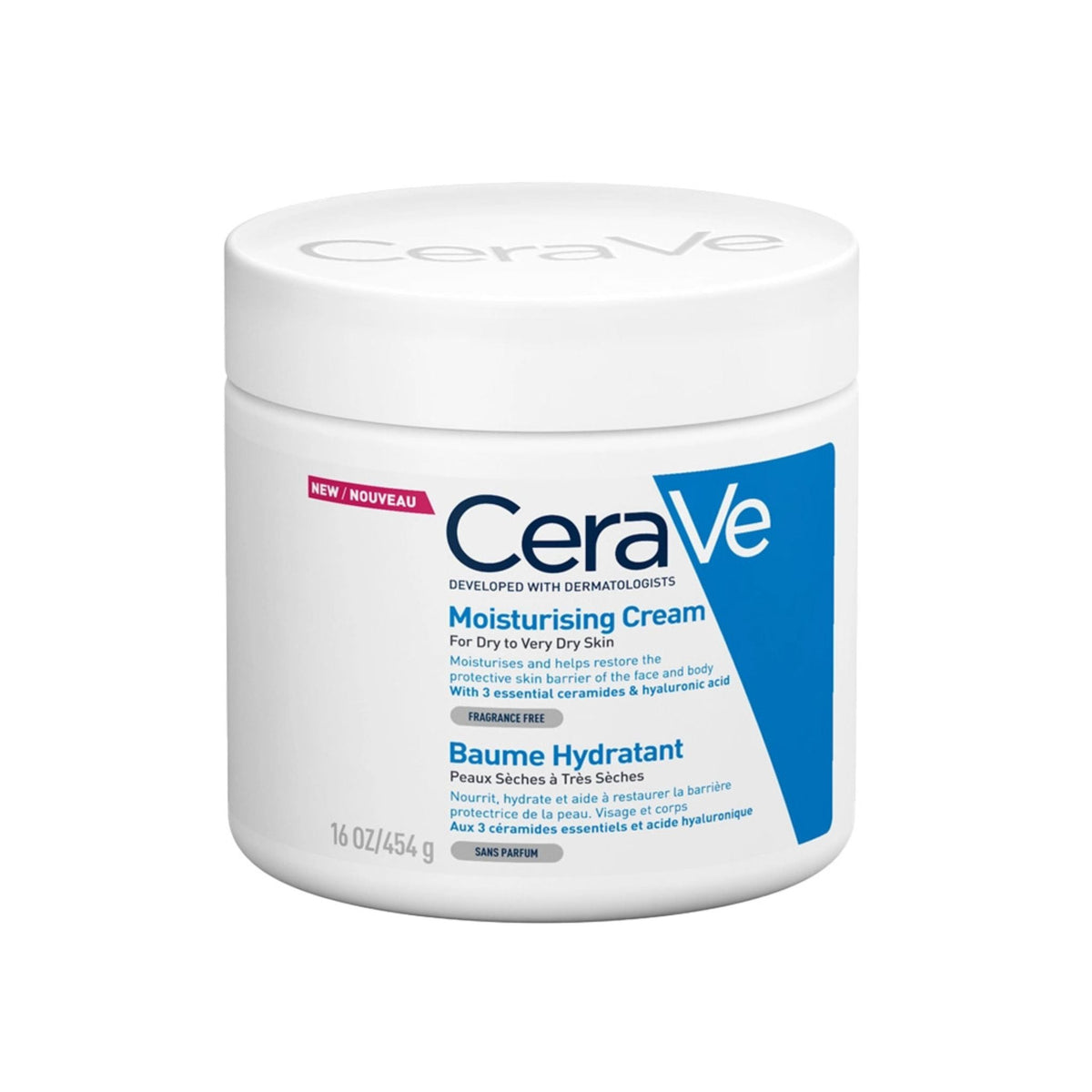 Refect Beauty CeraVe Moisturising Cream for dry to very dry skin in a white 454g jar with blue label details