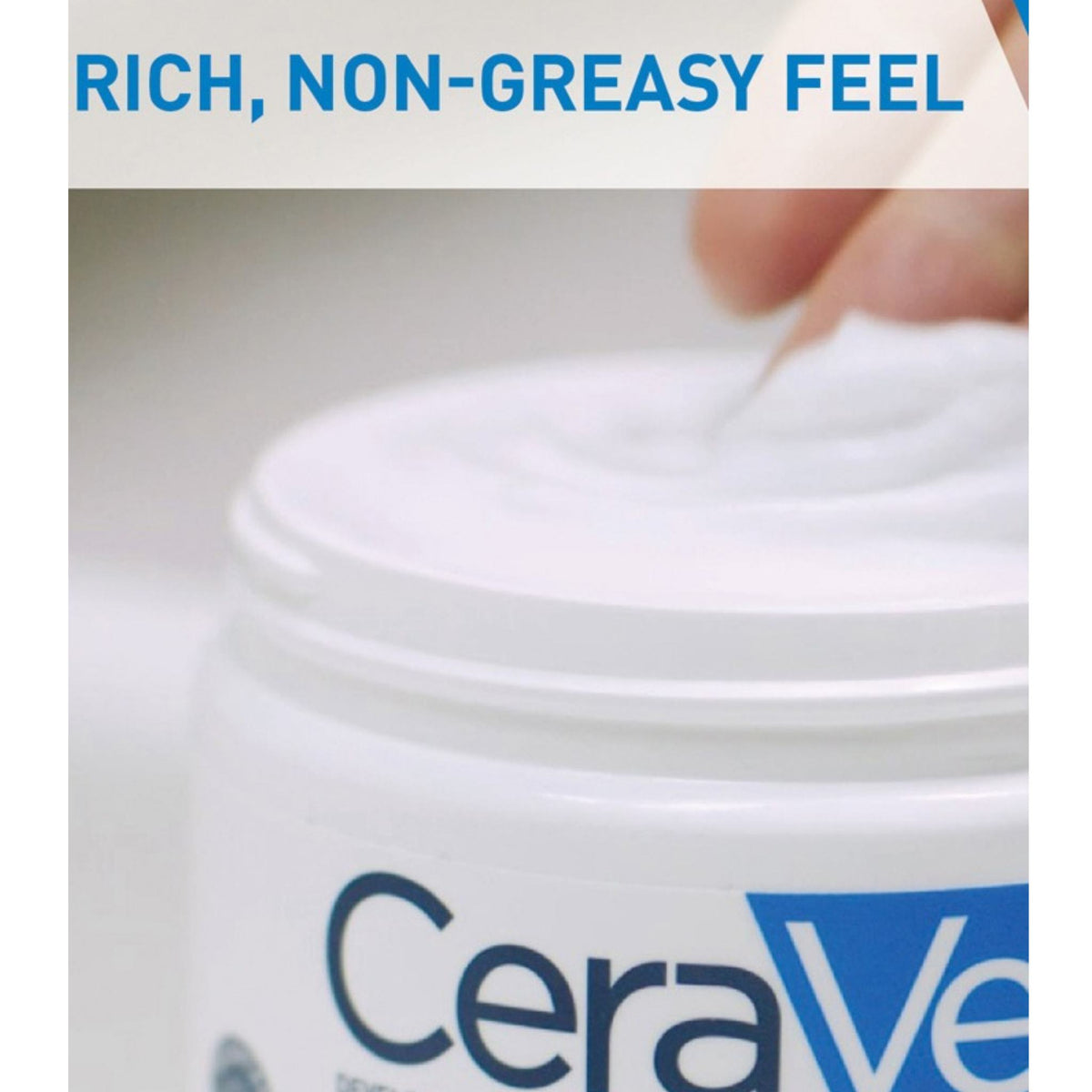 Refect Beauty CeraVe Moisturising Cream in a white jar with a rich, non-greasy texture being applied by a finger