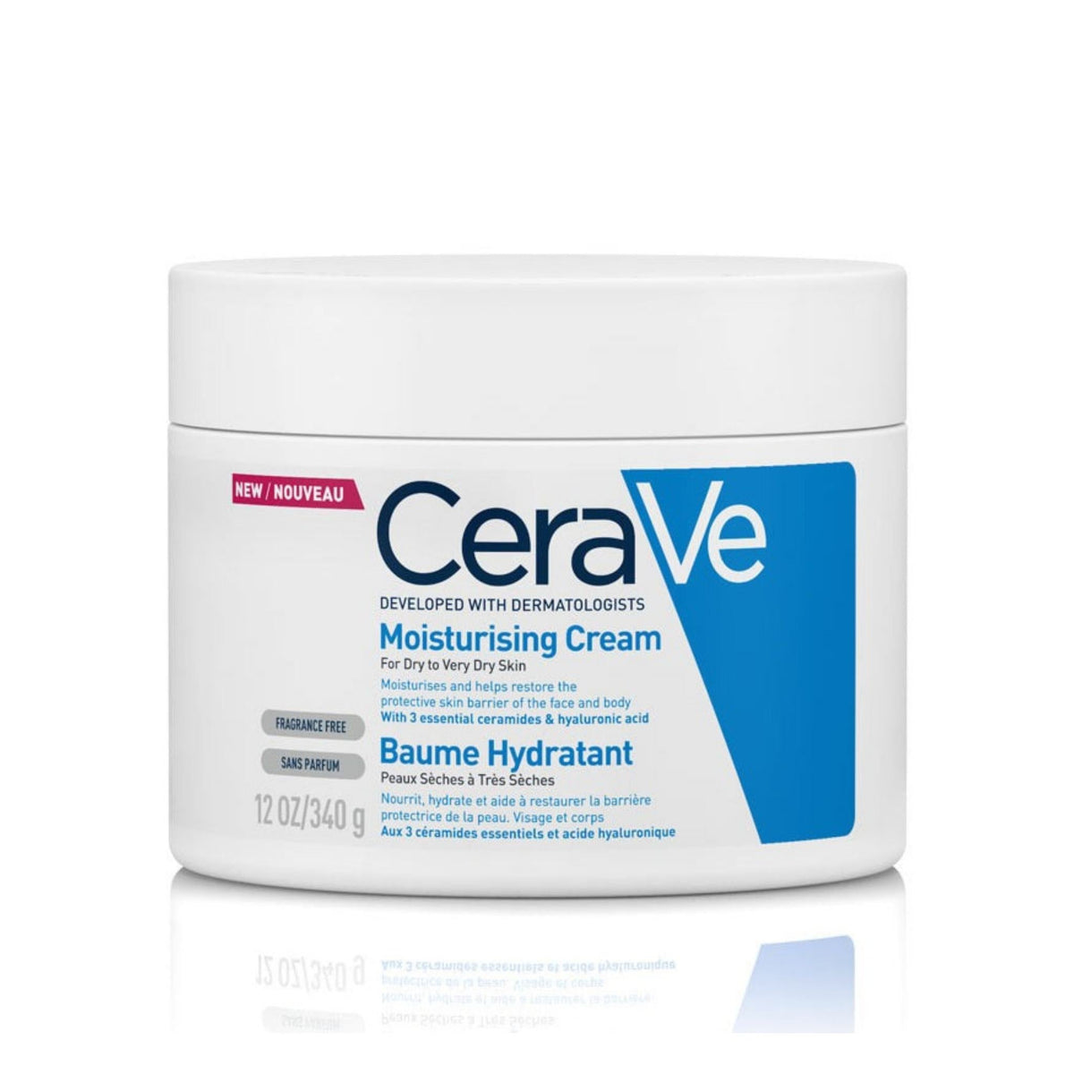 Refect Beauty CeraVe Moisturising Cream in a white 340g jar for dry to very dry skin with ceramides and hyaluronic acid