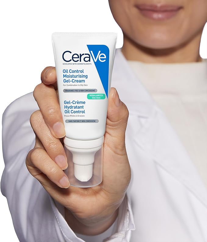 Refect Beauty CeraVe Oil Control Moisturizing Gel-Cream in a white pump tube held by a person in a lab coat