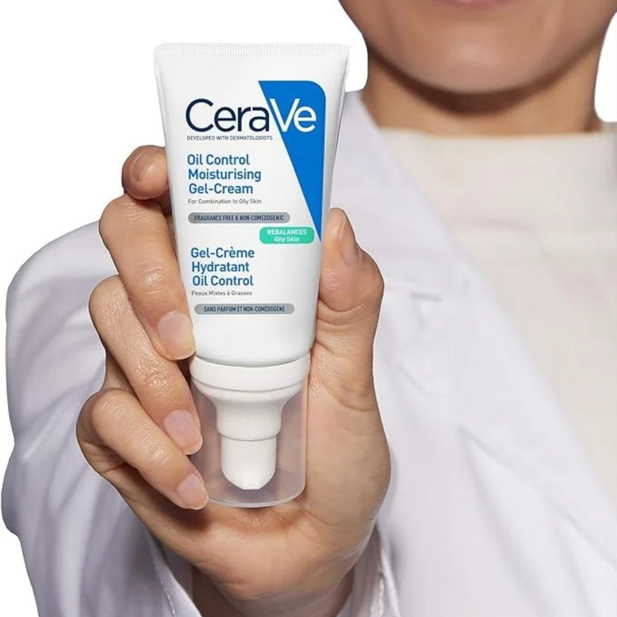 Refect Beauty Cerave Oil Control Moisturizing Gel-Cream held by a person in a white lab coat for oily skin care.