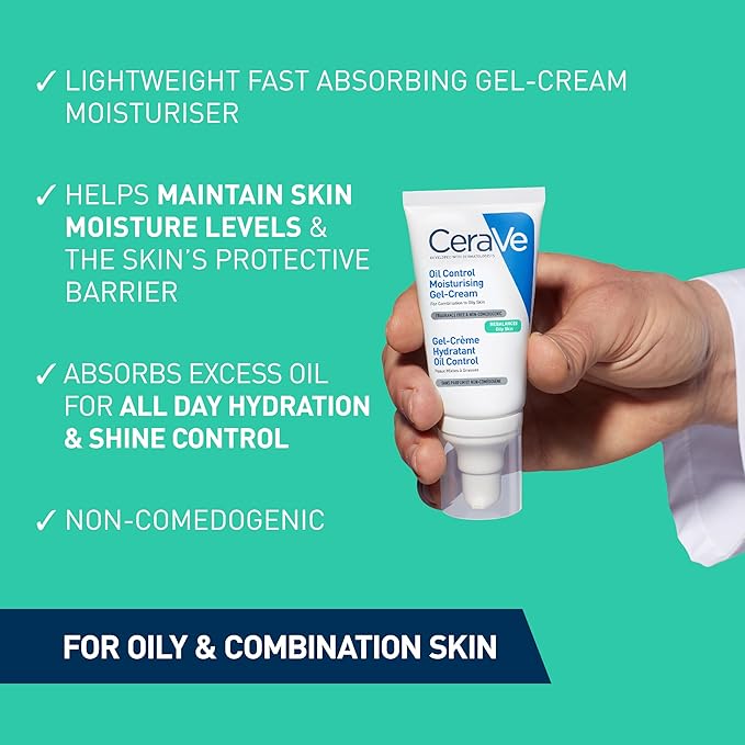 Refect Beauty Cerave Oil Control Moisturizing Gel-Cream for oily skin held by a hand against a teal background.